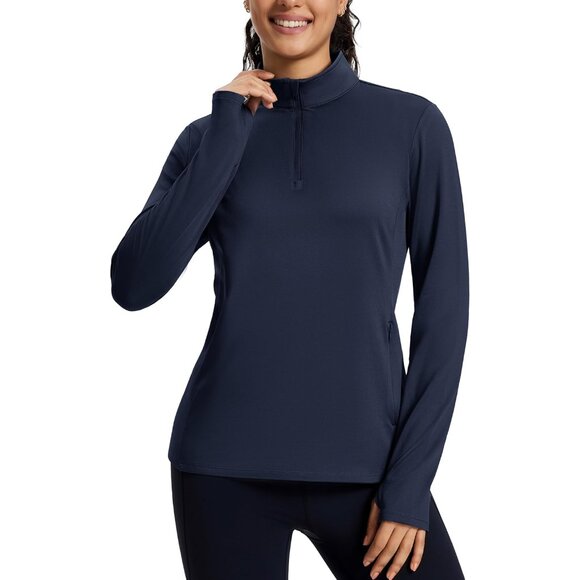 Women's Thermal Fleece Quarter Zip Pullover with Zipper Pocket and Thumb Holes - Picture 3 of 6